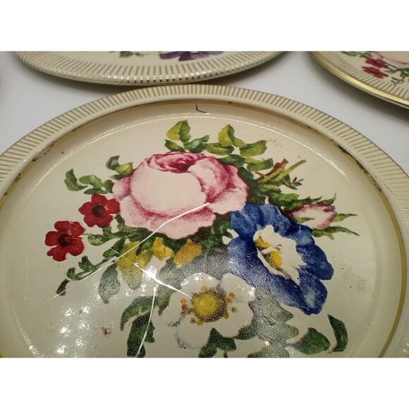 Tin Coasters Vintage Made In Denmark Round Floral Set Of 7 With Gold Trim - Picture 13 of 16